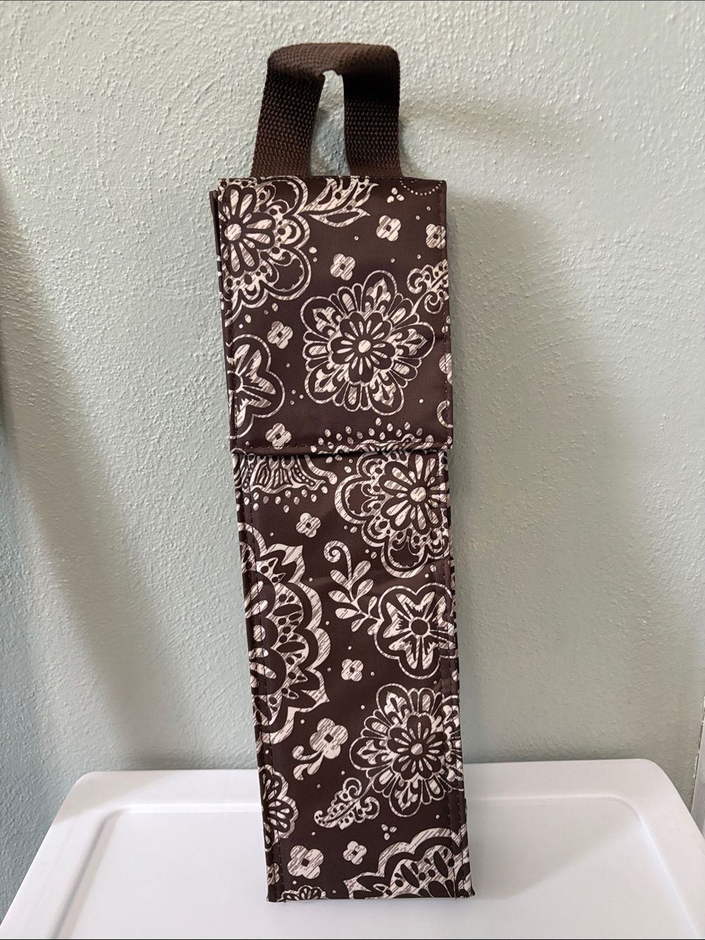 Insulated Wine Tote Bag Brown White Print EUC